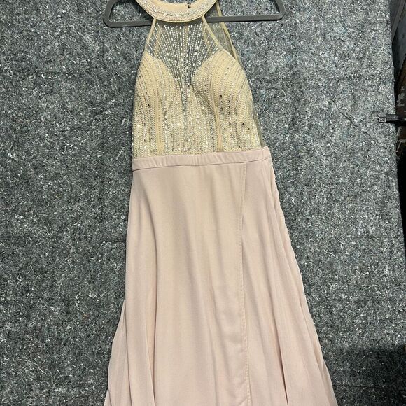 Prom Girl Dress Women L Pink Long High Neck Sleeveless Diamonds Fancy Prom - Picture 1 of 8